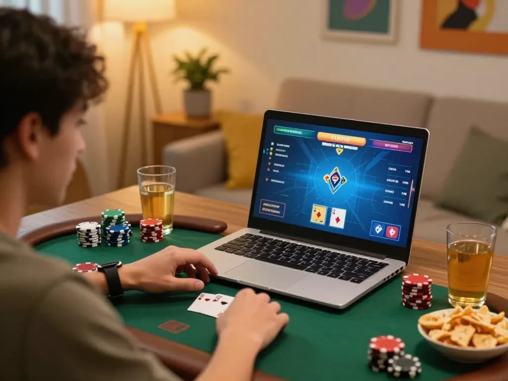 Player enjoying Go88 poker on laptop in cozy home setup with snacks and drinks