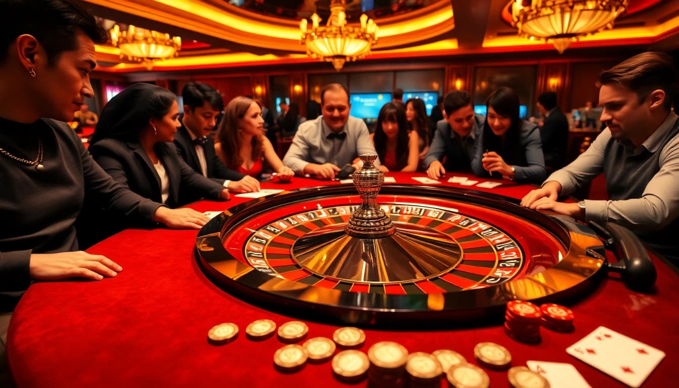 Exciting gameplay with u888 poker chips and roulette wheel in a luxurious casino atmosphere.