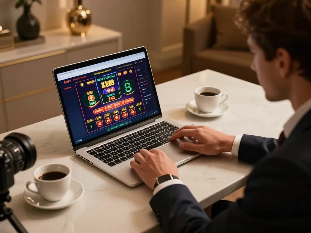 Engaging with XX88 casino app on a modern laptop, showcasing dynamic online gaming.