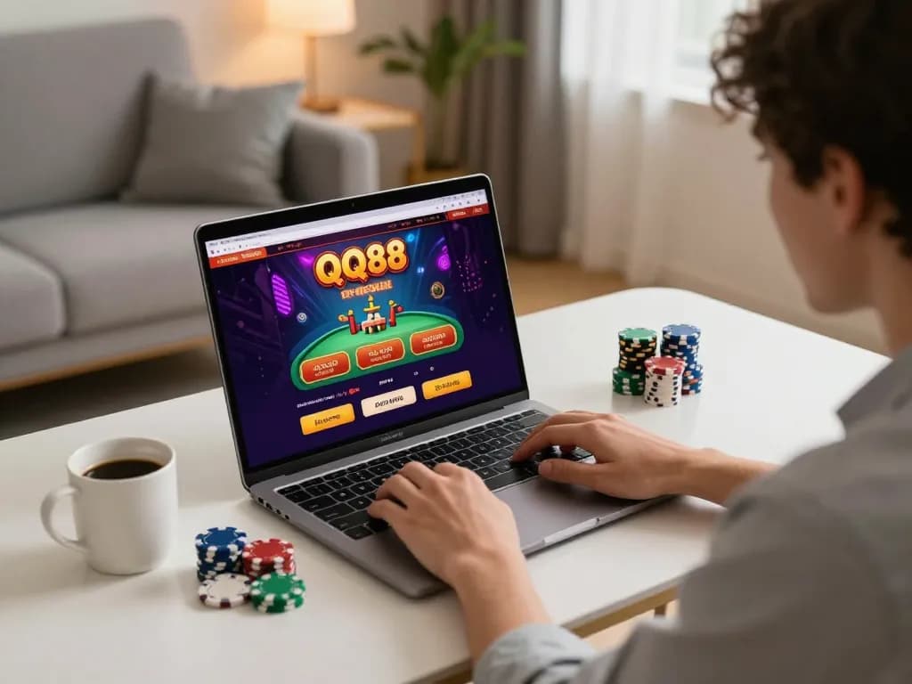 Engaging in strategic gameplay on QQ88's mobile app at a stylish home workspace