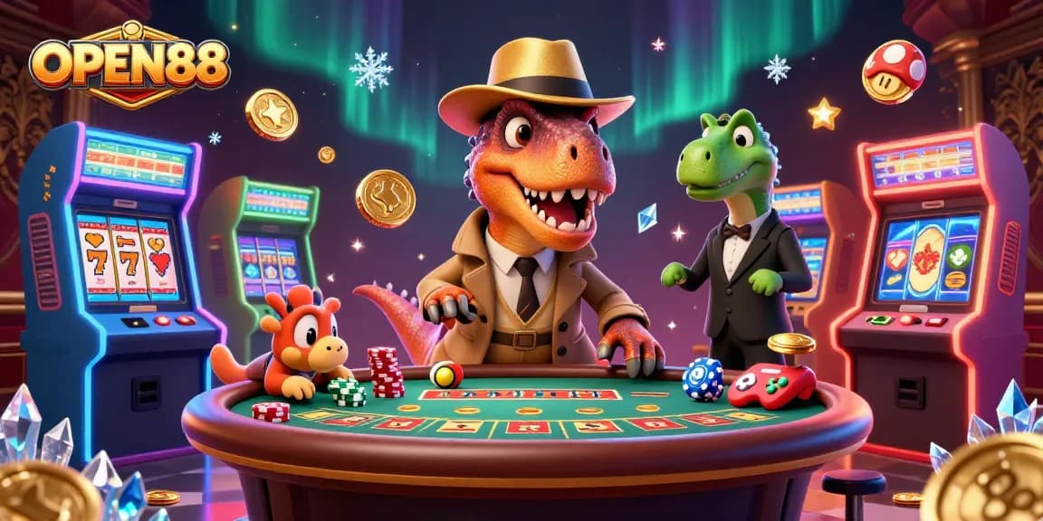 OPEN88's dinosaur-themed casino scene with a velociraptor card counter and slot games.