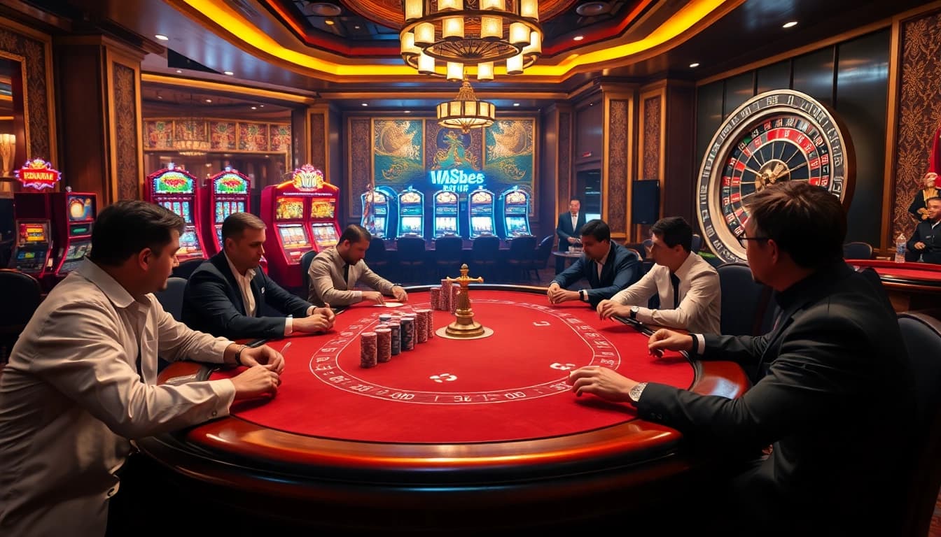 Engaged players at a poker table create excitement and strategy in a luxurious casino setting highlighting hm88.
