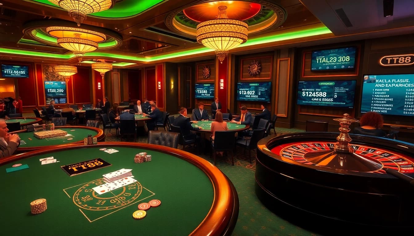 Experience high-stakes gaming at https://tt88a.uk.com/ with luxurious poker tables and vibrant casino elements.