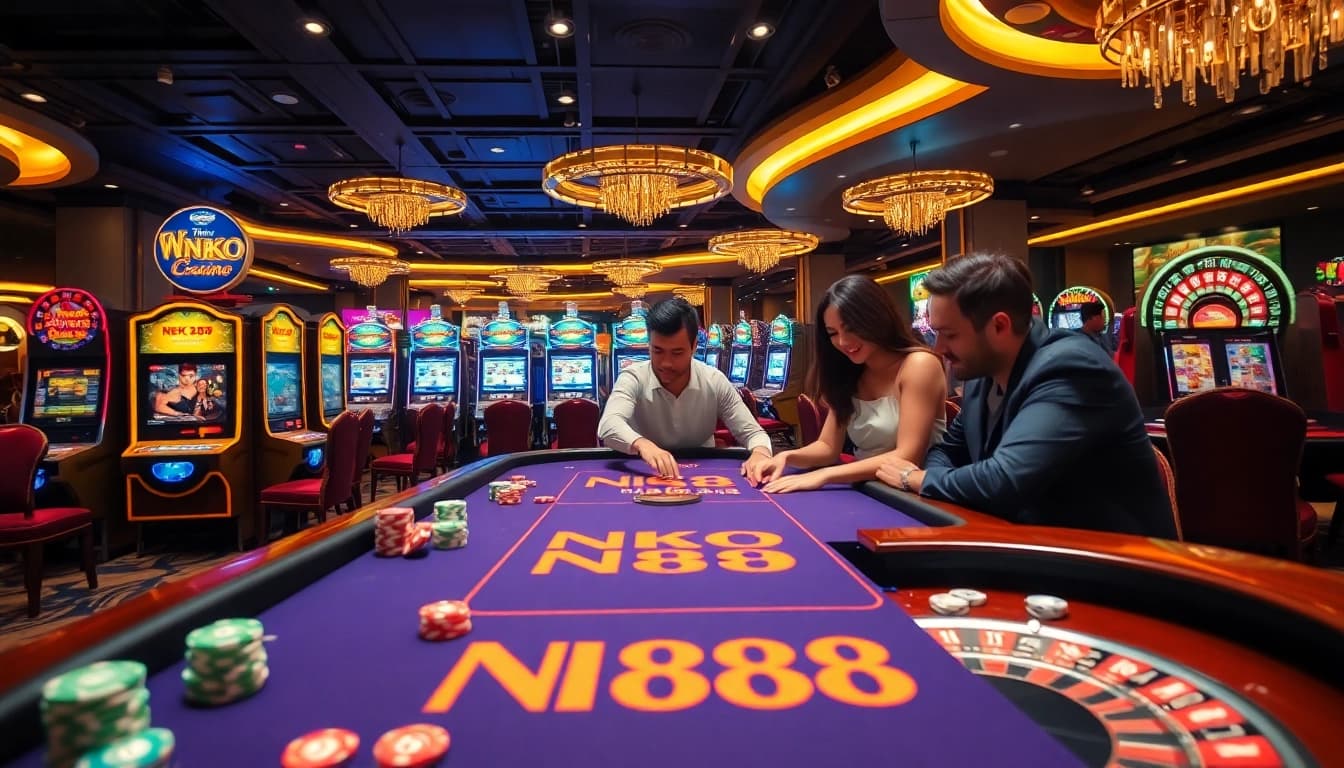 NK88 gaming table featuring vibrant poker chips and slot machines in an upscale casino atmosphere.