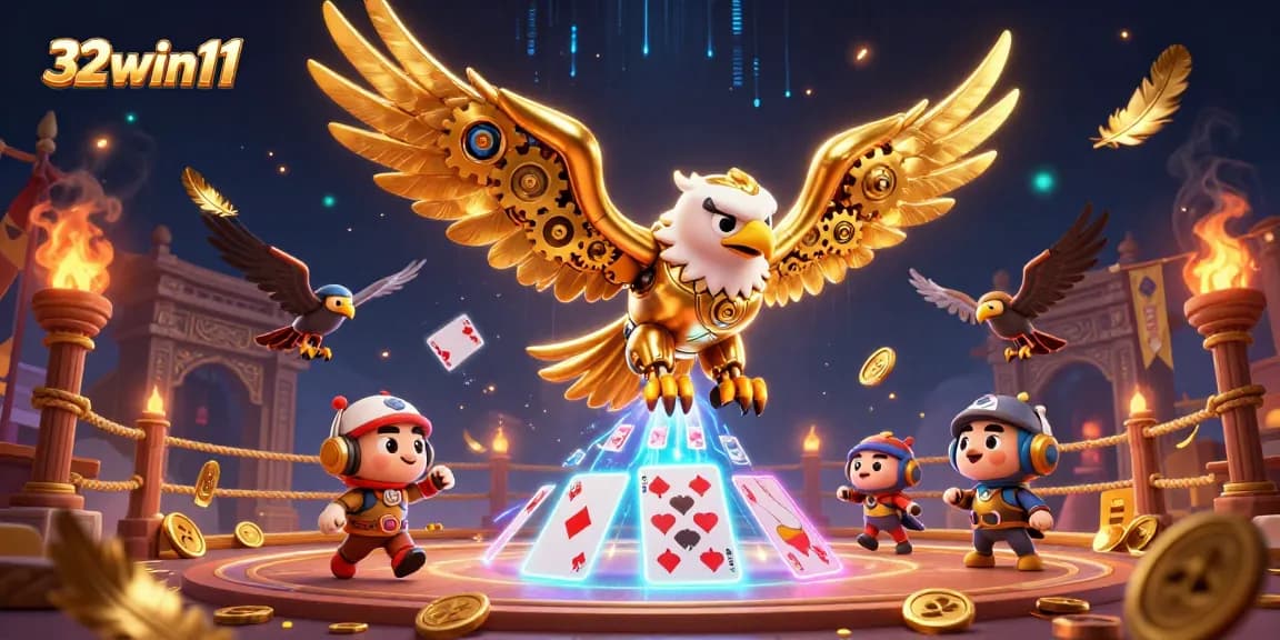 Experience exciting action at 32win11 with a golden eagle flying through holographic cards.