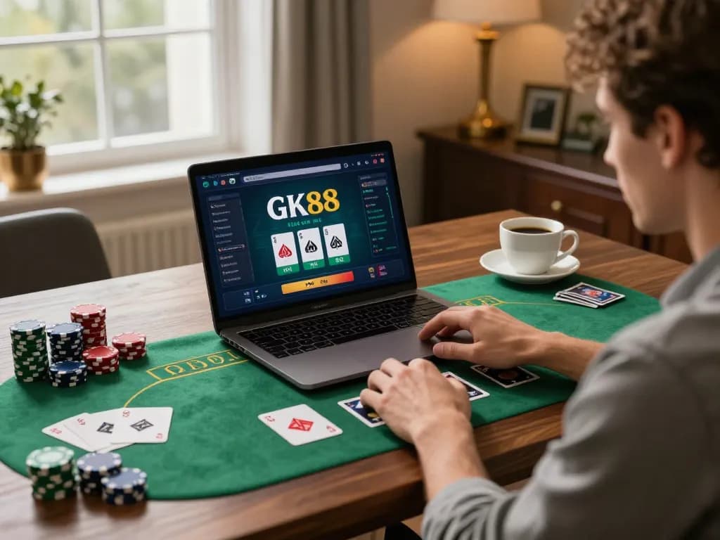 Player engaging with GK88 link vào on a laptop in a stylish home office, capturing strategic online gaming.