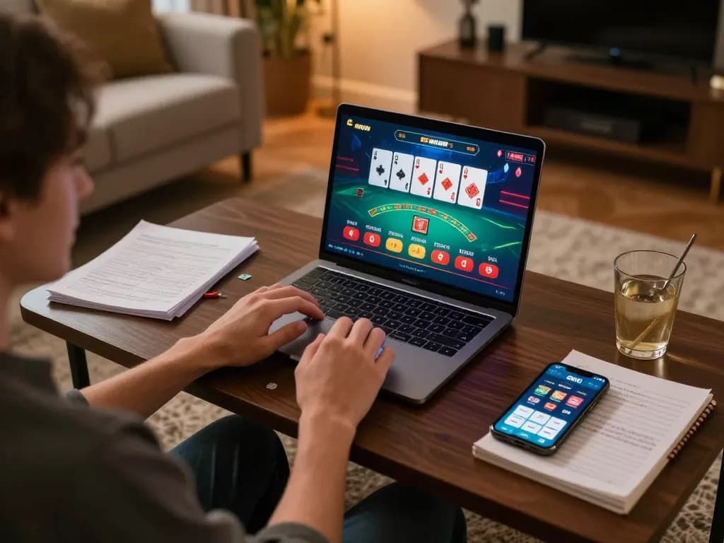 Engaging in live dealer blackjack on 68win's online platform at home with a cozy setup.