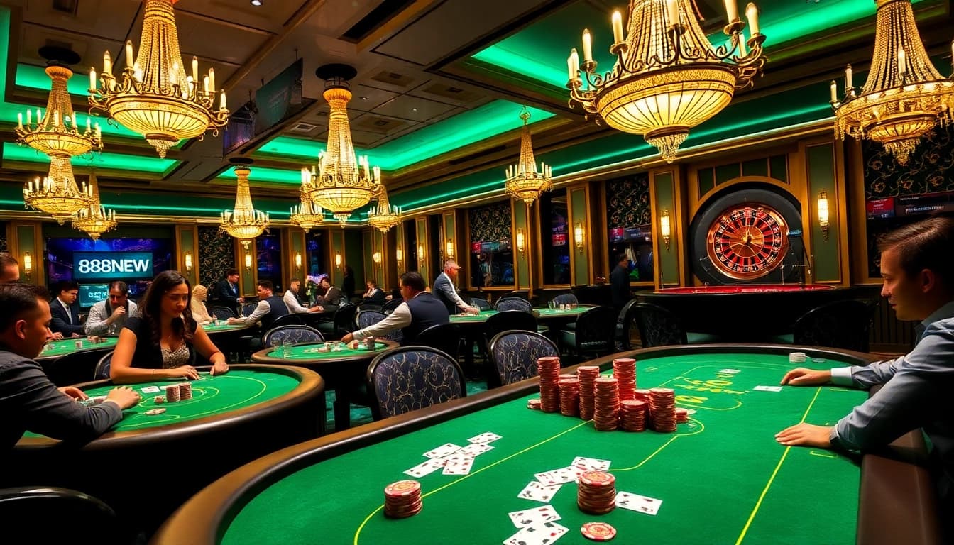 Experience high stakes poker at 888NEW with vibrant chips and skilled players.