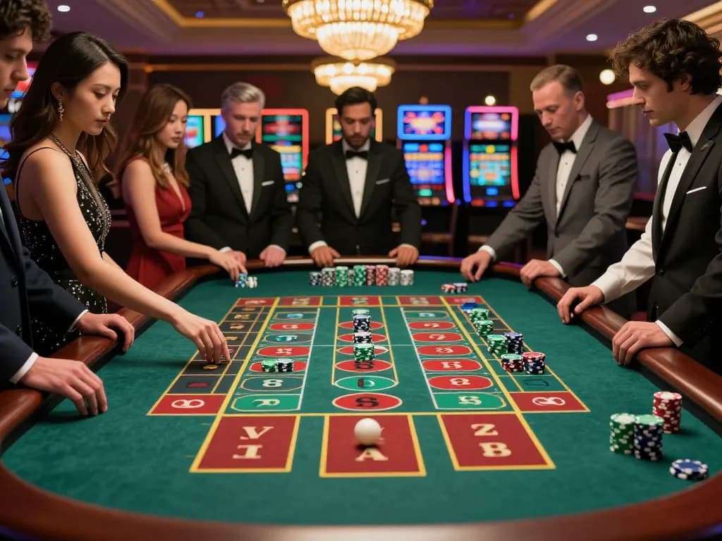 79KING players placing bets at a roulette table in a luxurious casino setting.