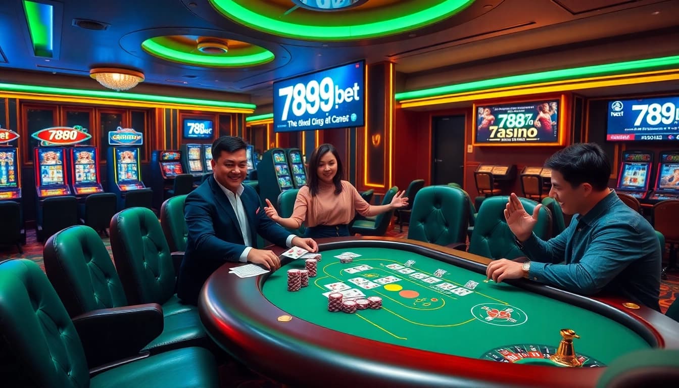 Exciting gameplay at 789bet casino with players enjoying poker and roulette under vibrant lights.