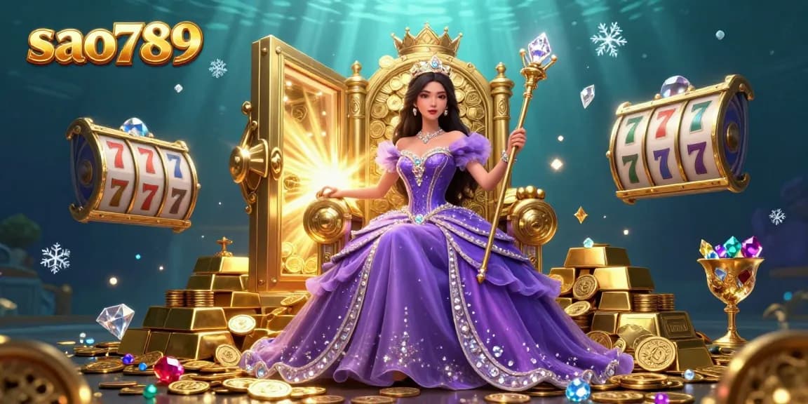 Sao789 players enjoy spinning slot reels amid gold coins and treasure in an enchanting underwater scene.