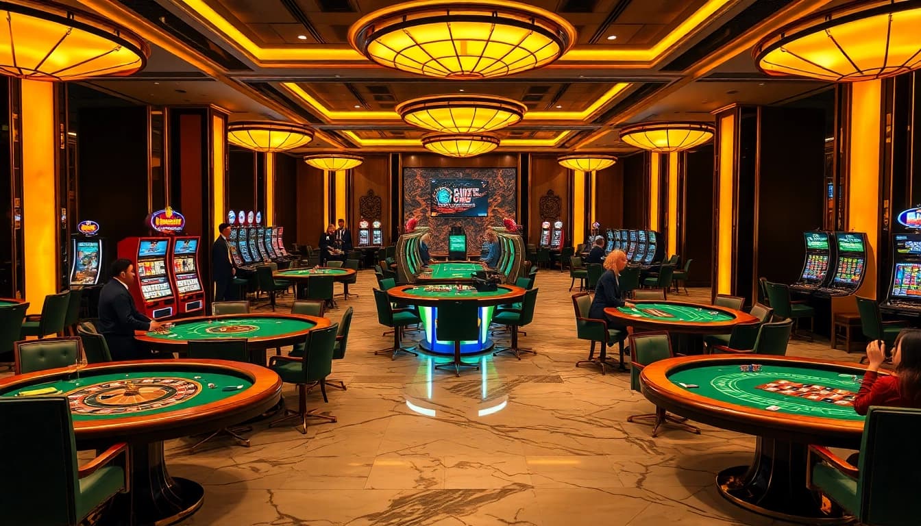 Experience an upscale casino ambiance at https://g28.wtf/ featuring elegant gaming tables and vibrant slot machines.