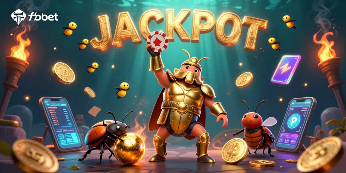 Engage in fabet gaming with 3D beetles at a jackpot celebration featuring crypto elements.