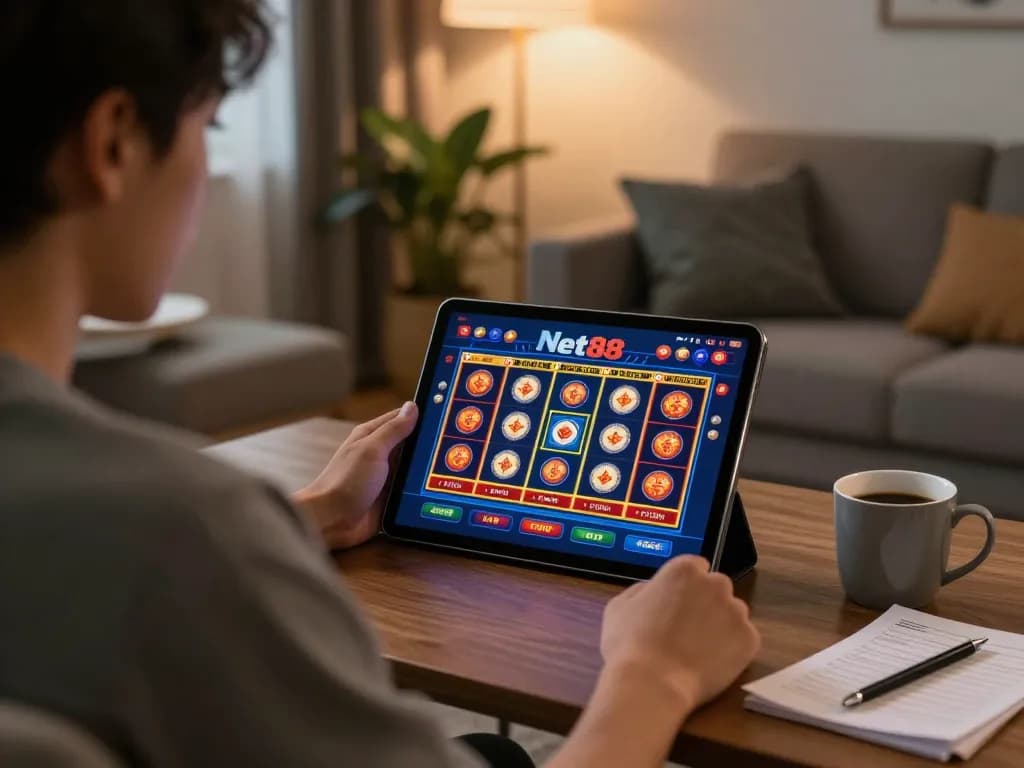 Engaging in slot games at Net88 online casino, enjoying a cozy home atmosphere.