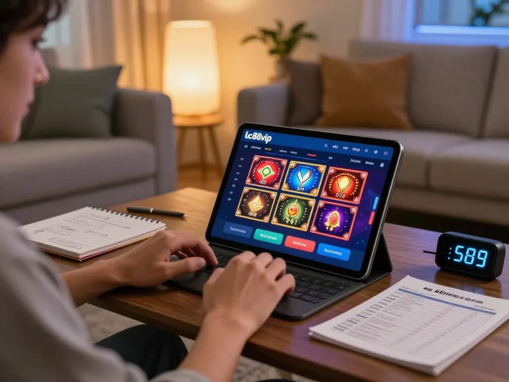 Engaging with the lc88vip betting app in a cozy home setting, focusing on responsible gambling strategies.