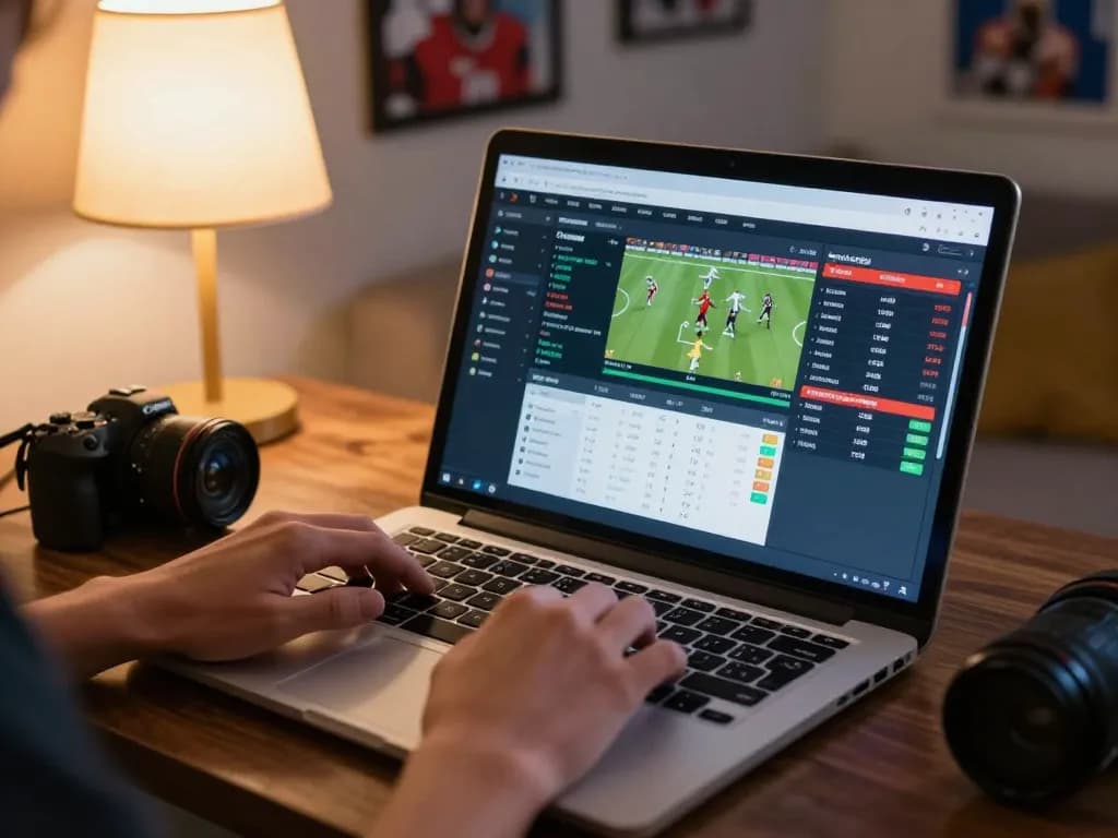 Person analyzing sports statistics for strategic betting on https://sky88live.com/ in a cozy home setting
