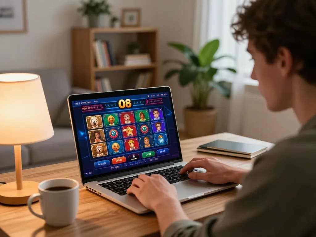 Player engaging with O8 online casino while enjoying a cozy home setting
