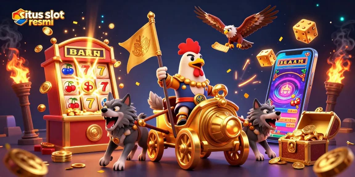 Engage with the thrilling world of situs slot resmi through this dynamic casino illustration showcasing a rooster warlord amidst jackpot excitement.