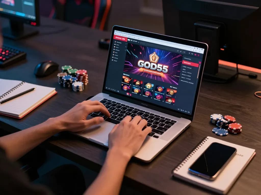 Engaging with God55 casino on a laptop in a modern home gaming setup