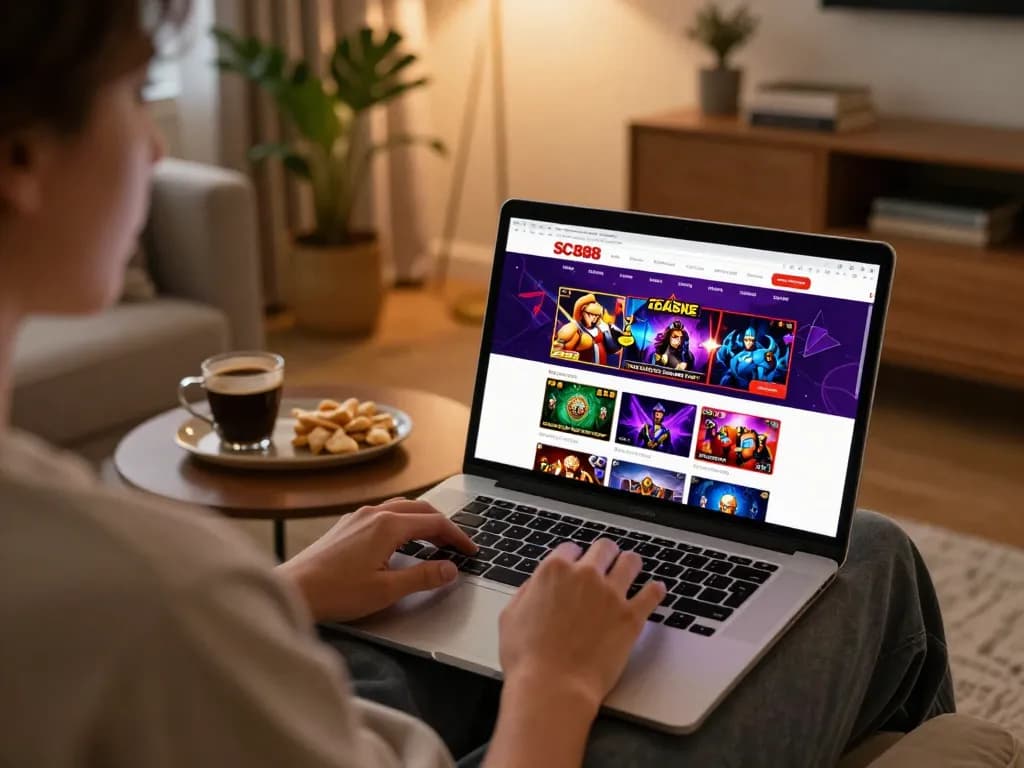 Engaged player exploring SC888's thrilling online casino offerings from a cozy home setting