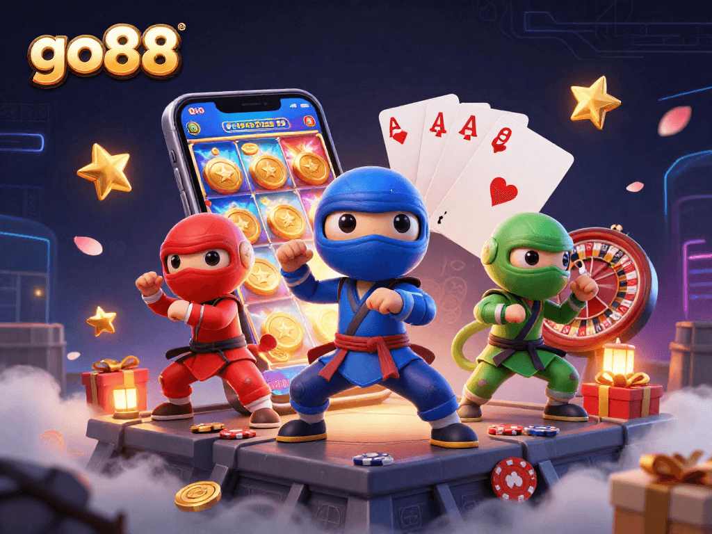 Go88 features a vibrant 3D ninja chameleon trio in a dynamic casino-themed scene.