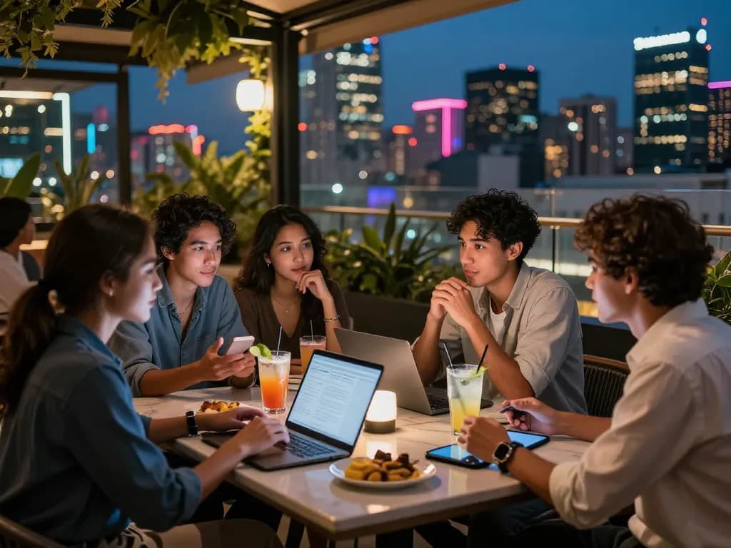 Young professionals discussing spicy ai at a vibrant rooftop bar, city skyline behind.