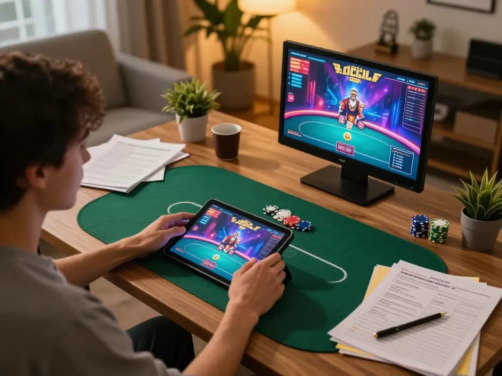 SV66 player enjoying an online poker game strategy session at home, surrounded by notes and a tablet.
