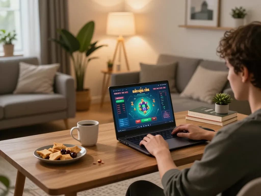 Engaging with game bài đổi thưởng in a cozy home setup, showcasing online gaming interaction.