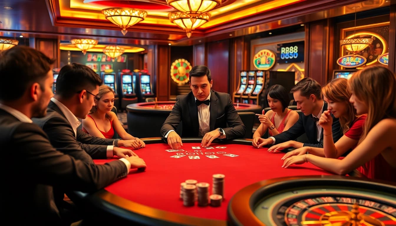 Players strategize at a high-stakes RR88 poker table, capturing the thrill of casino gaming.
