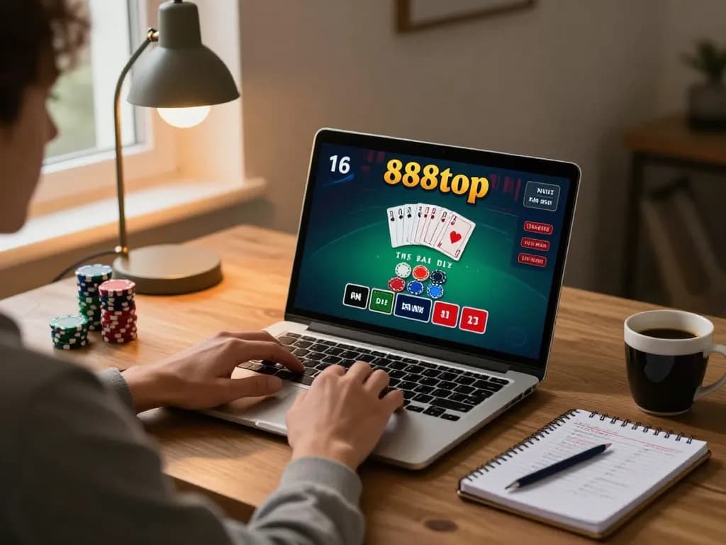 Player engaging with online blackjack at 888top, showcasing strategic betting and comfortable home atmosphere.