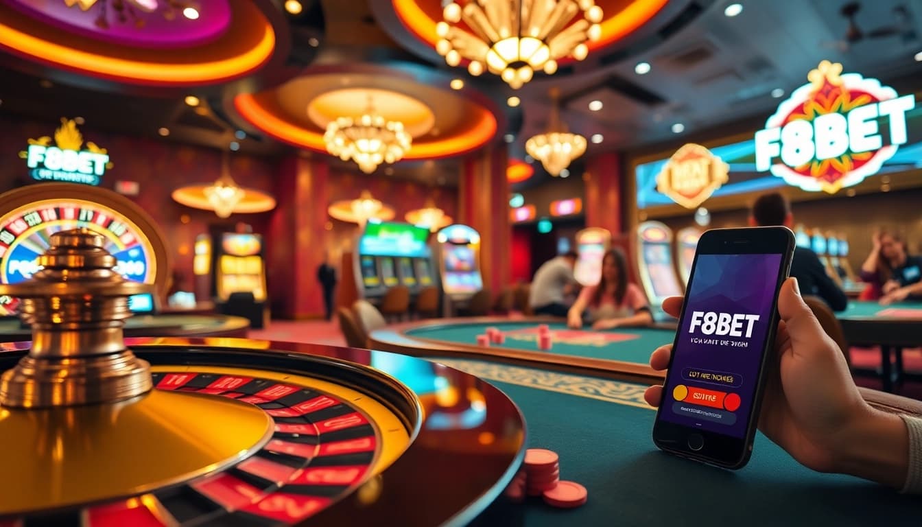 Experience the thrill of F8BET with a vibrant casino scene showcasing exciting gambling activities.
