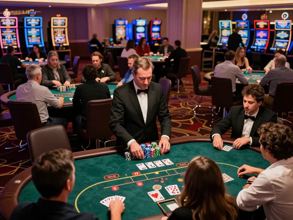 Engaging scene of lively poker game at the vibrant casino floor showcasing fun79