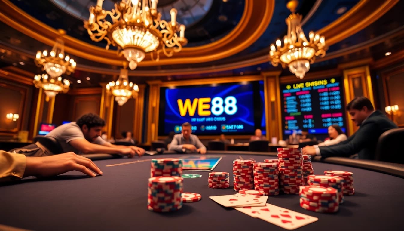 WE88 players enjoying a vibrant casino experience at a professional poker table with exciting gameplay.