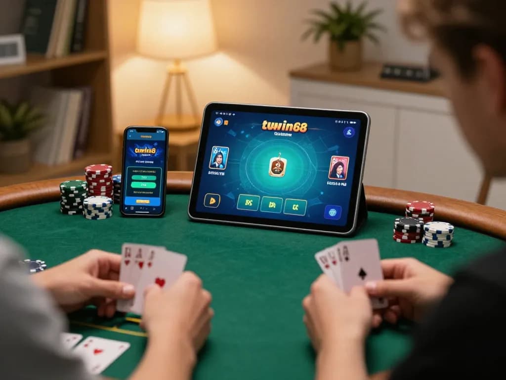 Player enjoying the twiin68 online poker app in a cozy home setting, showing strategy and engagement.