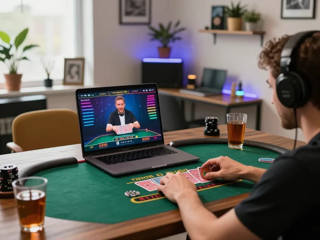 Engaged player using LLwin for live dealer blackjack strategy in a cozy home office