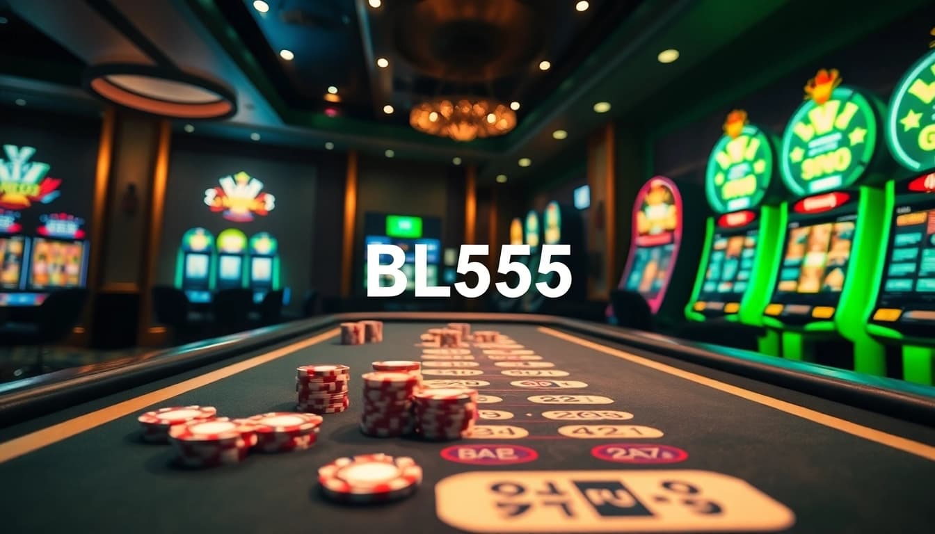 Players engage at a luxury BL555 casino table with vibrant poker chips and slot machines.