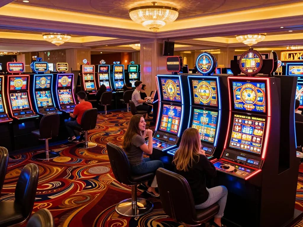FLY88 players celebrating wins on colorful slot machines in a vibrant casino atmosphere.