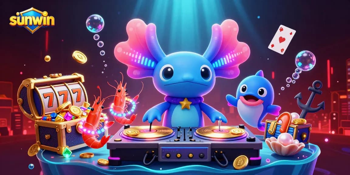 Experience thrilling moments with sunwin as vibrant axolotl DJ spins golden records in an electrifying underwater party.