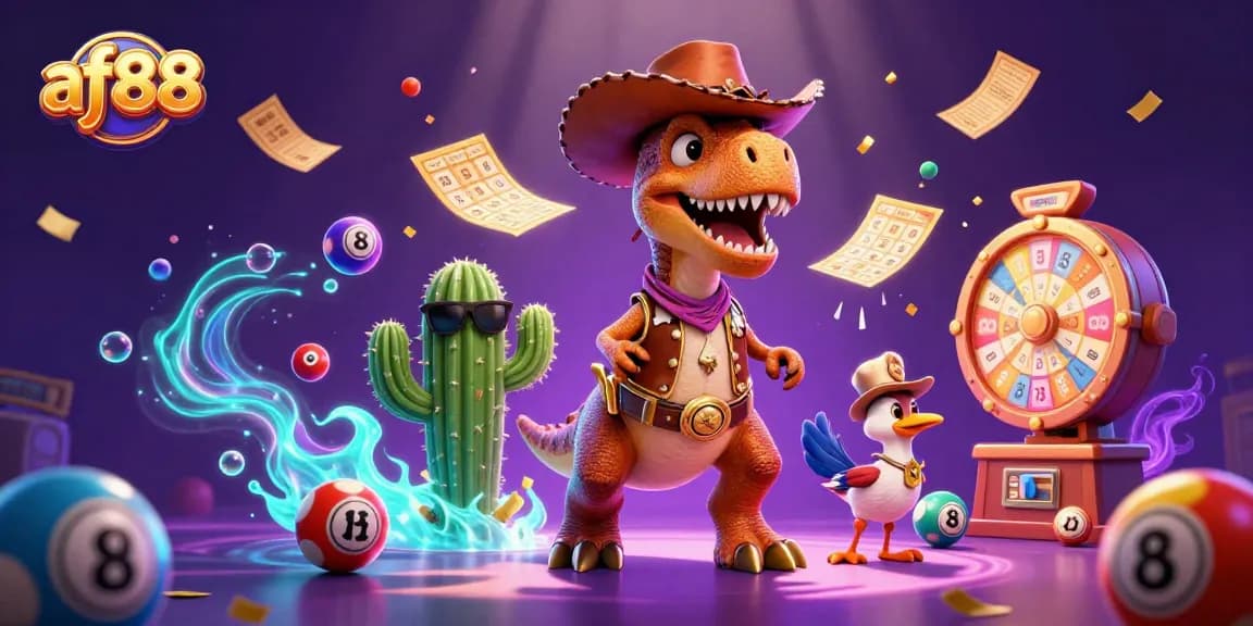 Experience exciting gaming with af88's vibrant T-Rex and friends amid dynamic lottery elements.