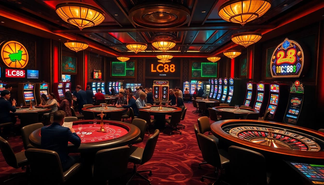 Players thrill with LC88 at luxurious casino tables, showcasing vibrant slots and roulette wheels.