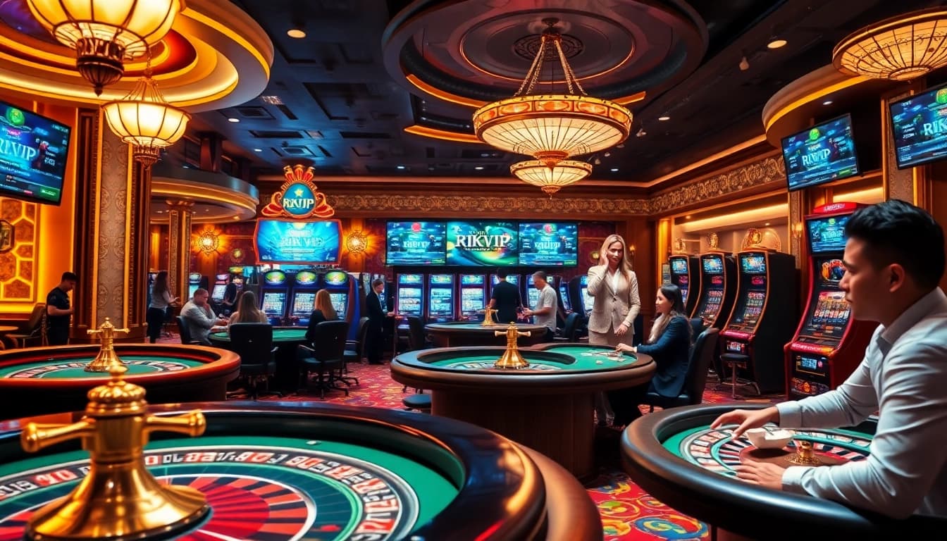 Experience the thrilling games at RIKVIP casino with vibrant roulette tables and engaging slot machines.