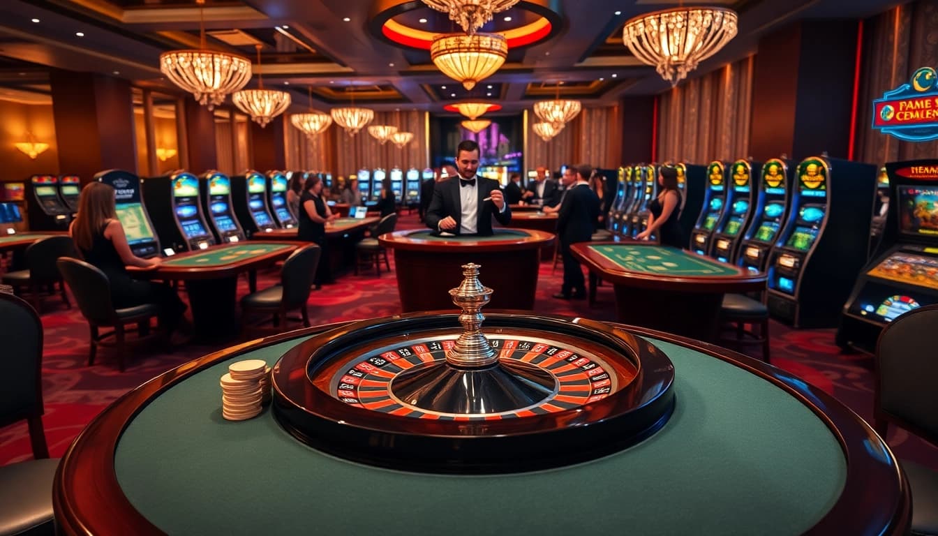 Experience the thrill of gambling at https://tr88.autos/ with an elegant casino scene featuring roulette and poker games.