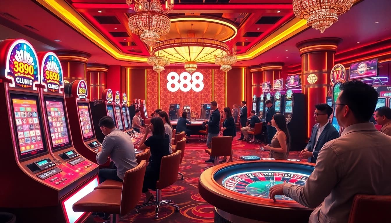 Players enjoying high-stakes games at 888VI casino with vibrant slot machines and roulette wheels.