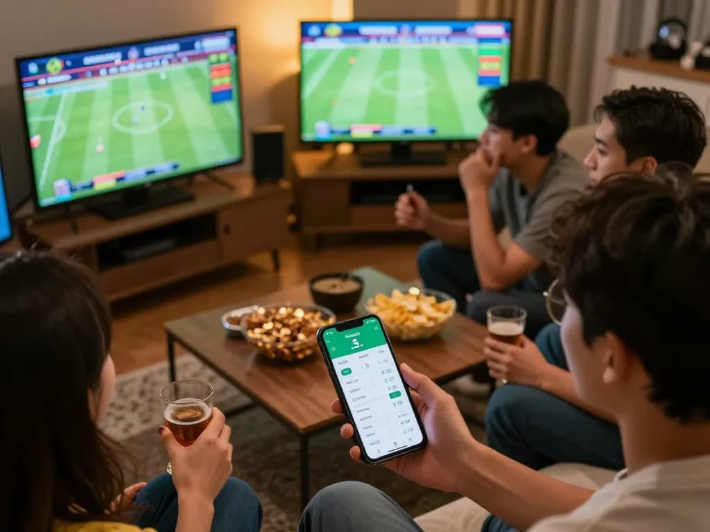 Person engaging in sports betting with Kèo nhà cái 5 app on smartphone, surrounded by friends and snacks.