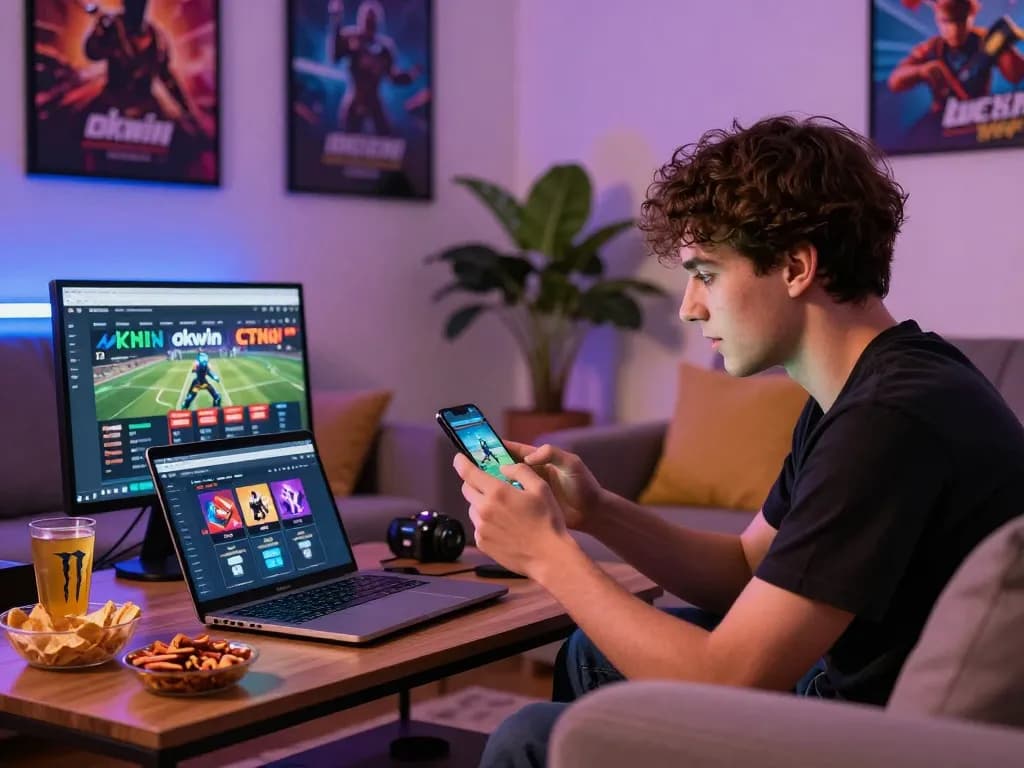 Exciting okwin gaming atmosphere with a young adult enjoying online betting on a smartphone.