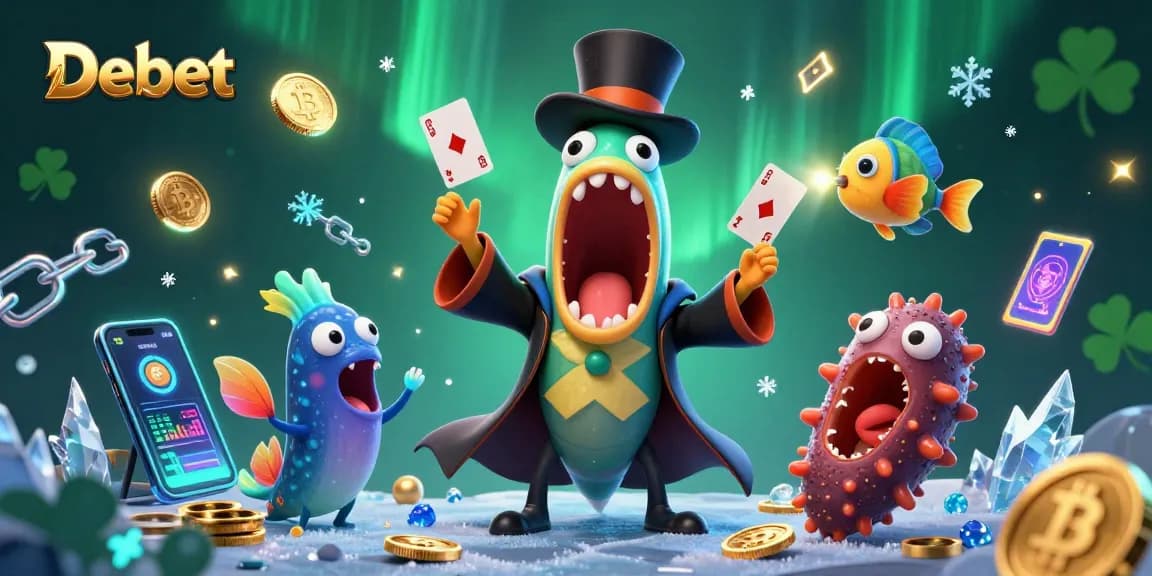 Experience thrilling card tricks from Debet's enchanted undersea magicians amidst vibrant crypto visuals.