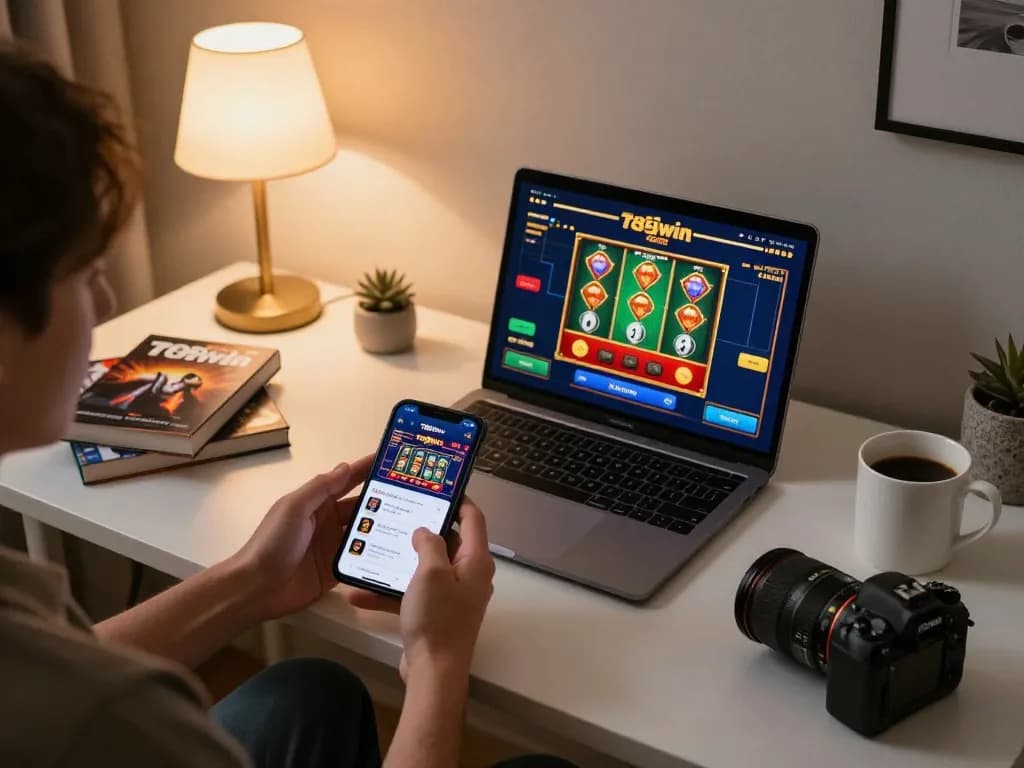 Engaging in online gaming with the 789win app on a smartphone in a stylish home setting