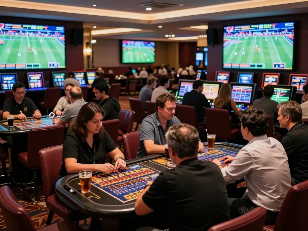 Guests placing bets at the Go88 sports lounge during an exciting match, showcasing live screens and engaging atmosphere