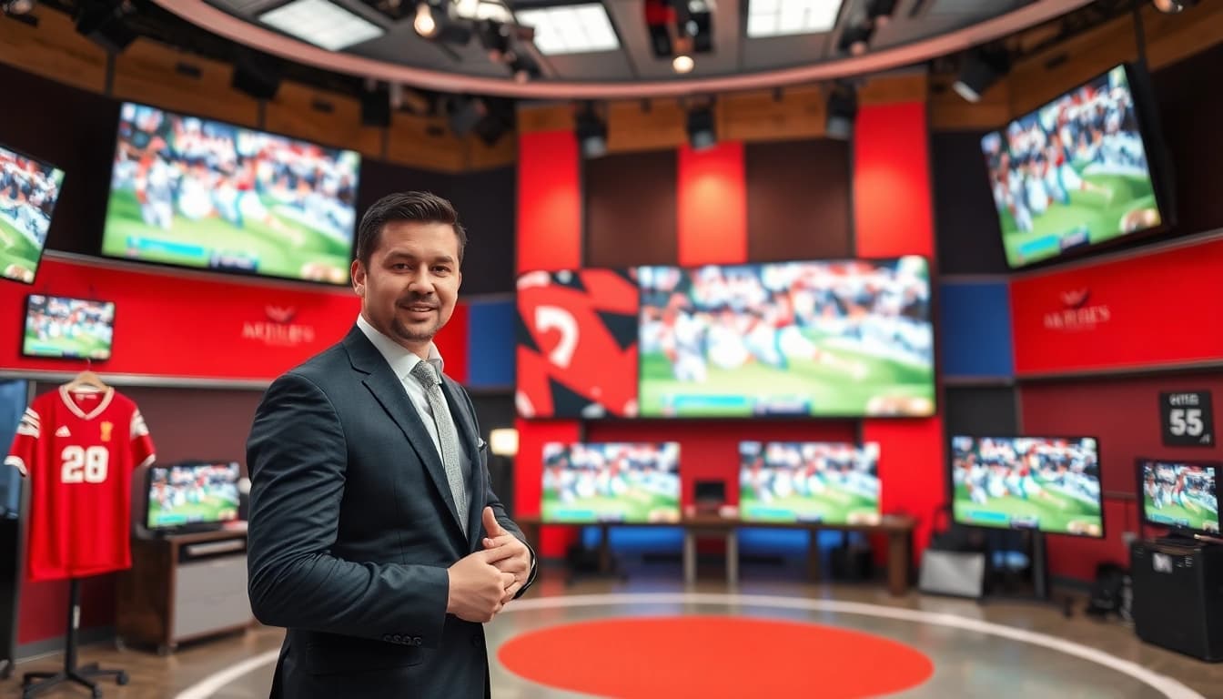 Engaging scene of sports broadcasting, featuring a lively studio with anchors presenting live events.
