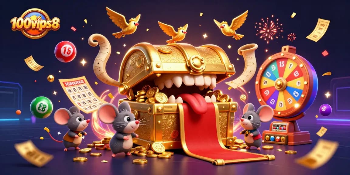 Engage in thrilling activities at 100vips8 with colorful lottery balls, spinning prize wheels, and golden tickets.